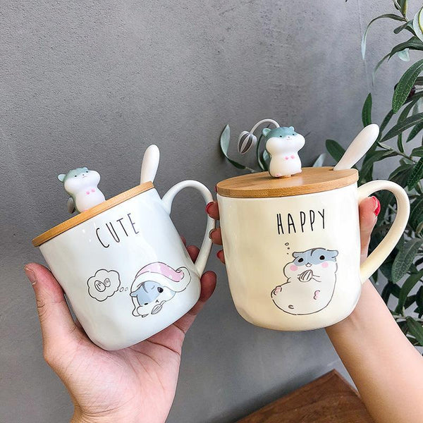 Creative Cute Hamster Coffee Mug w/Lid & Spoon - Heat-Resistant Ceramic Cup Perfect for Kids & Adults - Office Drinkware Gift Idea