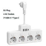 EU Multicontact Plug Power Strip with 4 AC Outlets 3 USB Type C Surge Protector Multi Plug Wall Socket for Office Home Travel