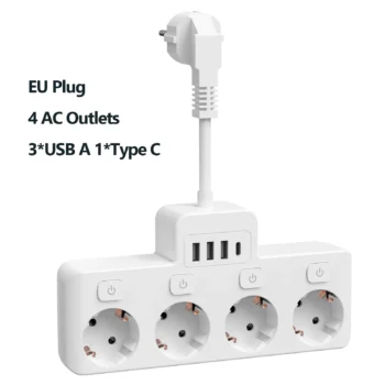 EU Multicontact Plug Power Strip with 4 AC Outlets 3 USB Type C Surge Protector Multi Plug Wall Socket for Office Home Travel